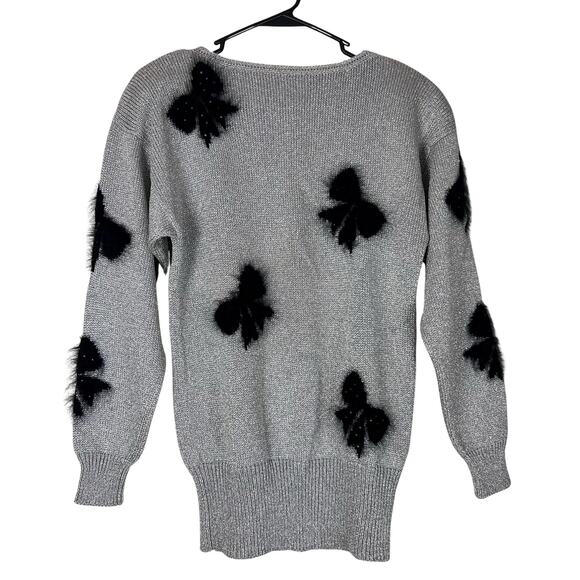 Vintage Smith St. John Metallic Lurex Holiday Sweater Bow Pearl Glam M - Picture 6 of 10